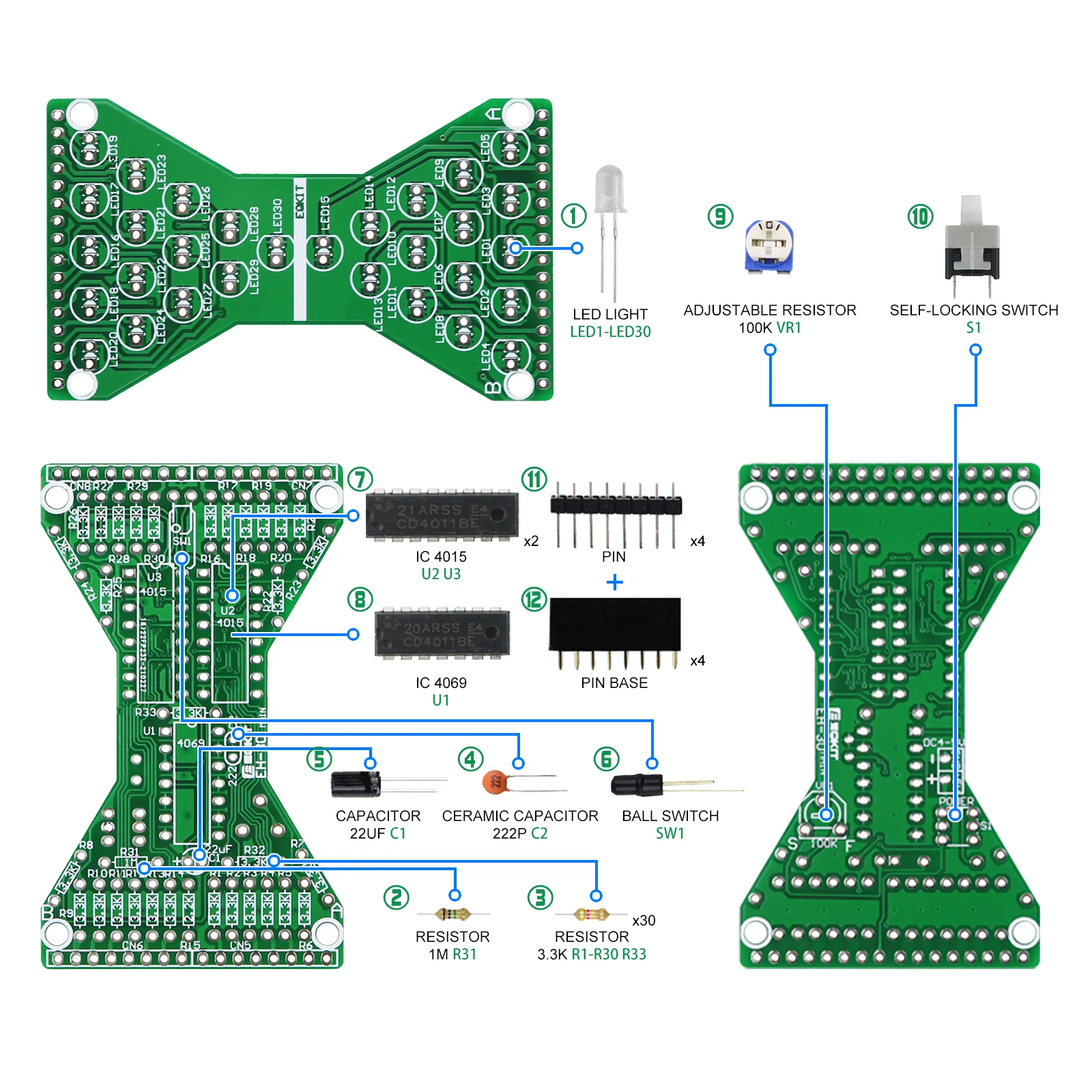 DIY Electronic Kit Hourglass LED Double Layer PCB Board Flashing Light Components Welding Soldering Practice For School Student