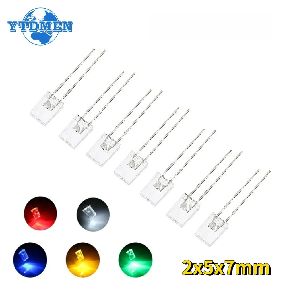 100PCS 2x5x7 LED Diodes Square Transparent Light Emitting Diode Lamp White Red Yellow Blue Green Electronic Luminescent Products