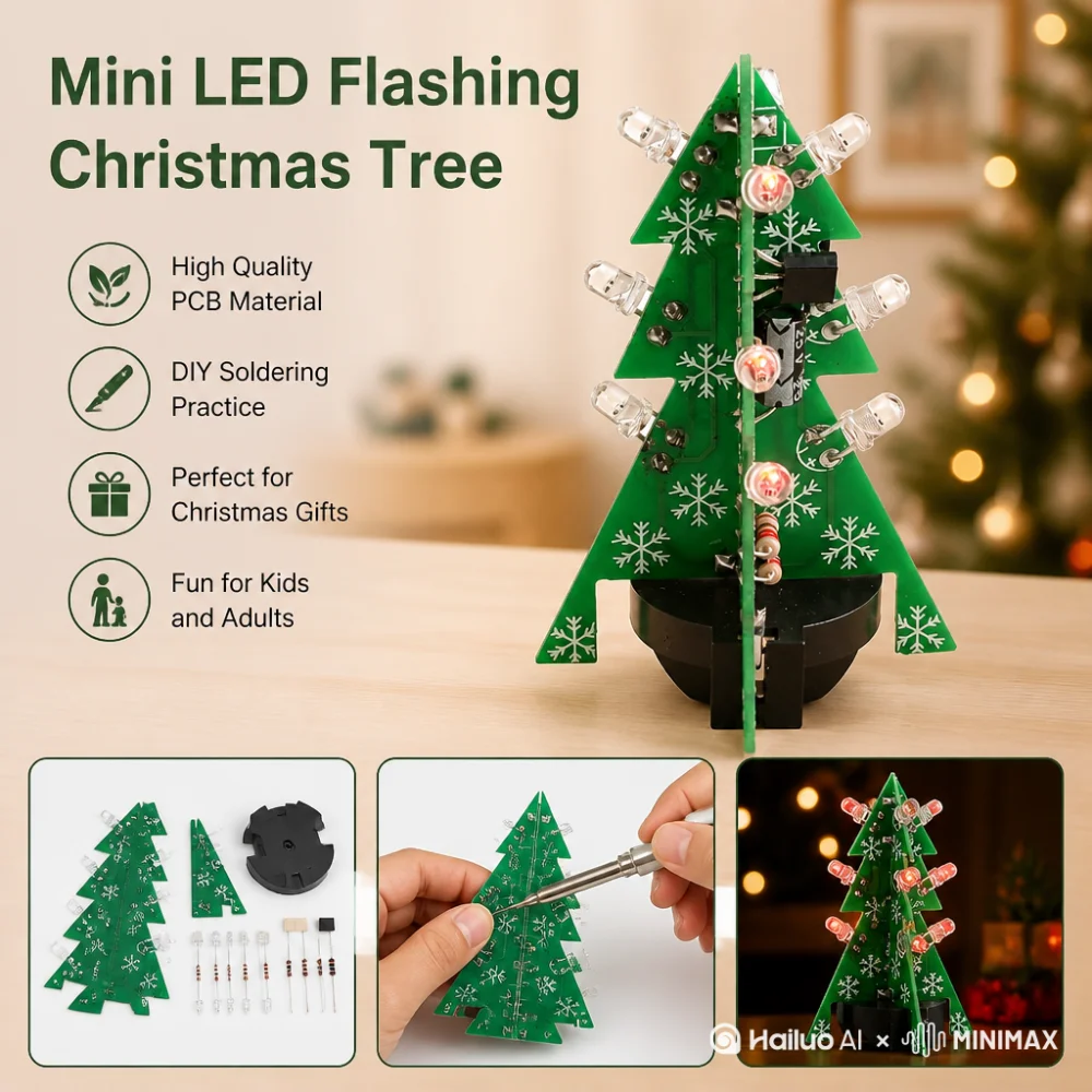 DIY Electronics Kit 3D Christmas Tree Soldering Practice Electronic Science Assembly Kit 3 Color Flashing LED PCB