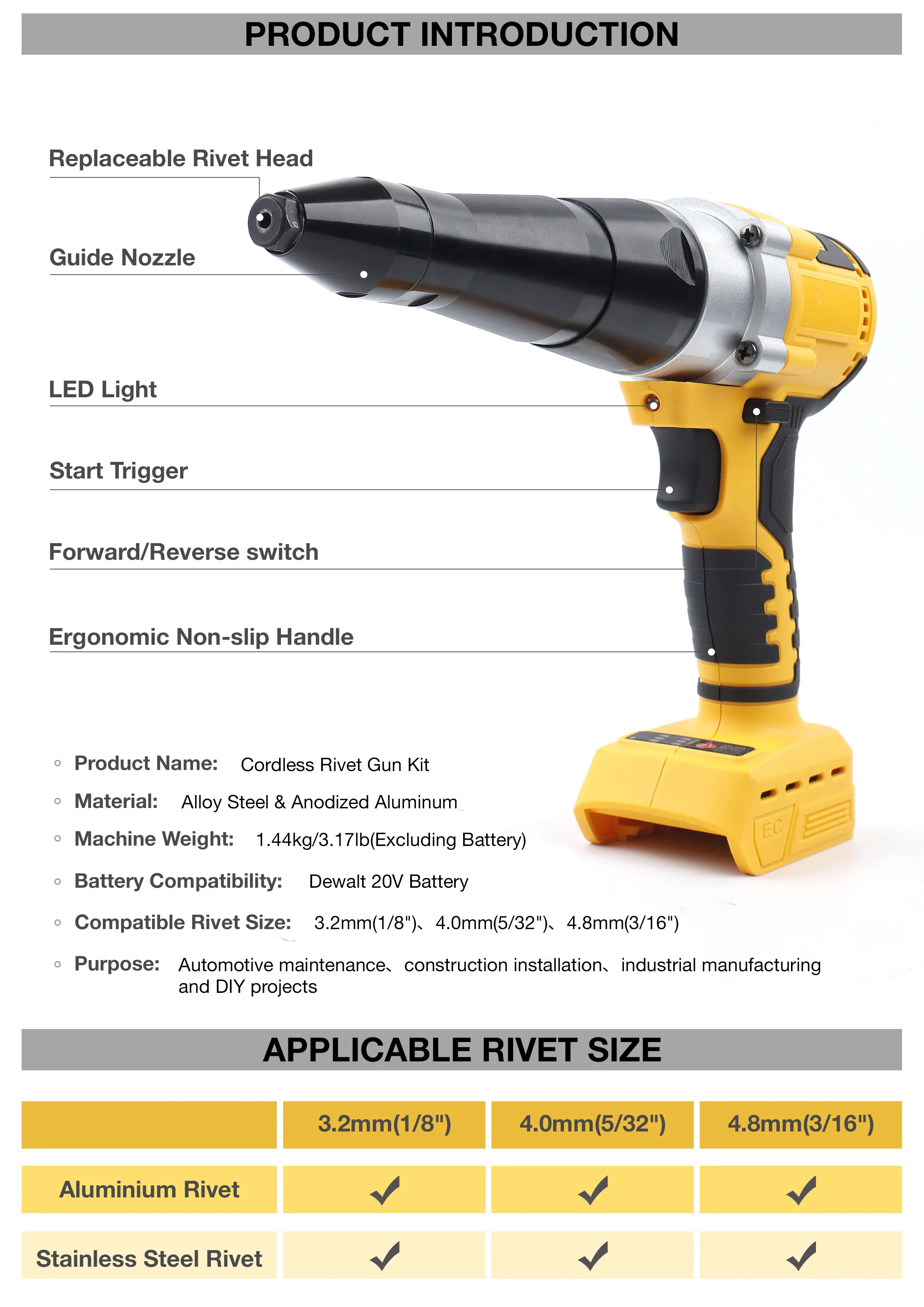 3.2/4.0/4.8MM Cordless Electric Rivet Gun Brushless Household Riveting Tool Insert Automatic Rivet Nut Tool for 20V Battery