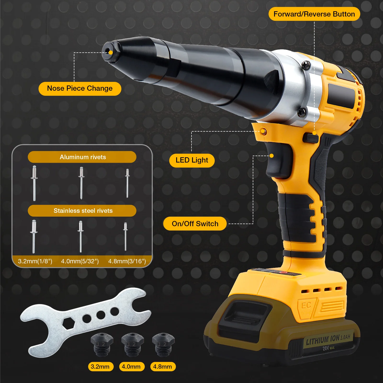 3.2/4.0/4.8MM Cordless Electric Rivet Gun Brushless Household Riveting Tool Insert Automatic Rivet Nut Tool for 20V Battery