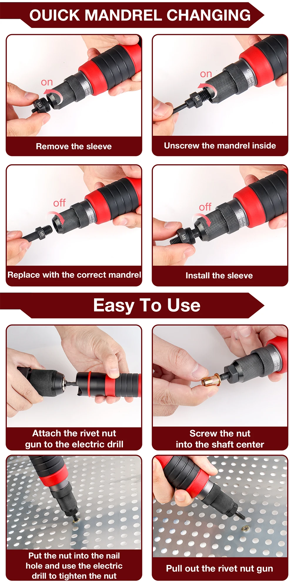 Nut Riveting Machine M3 M4 M5 M6 M8 M10, Industrial Grade Fast Riveting Tool, Electric Nut Gun, Including 3-12mm Drill Bit