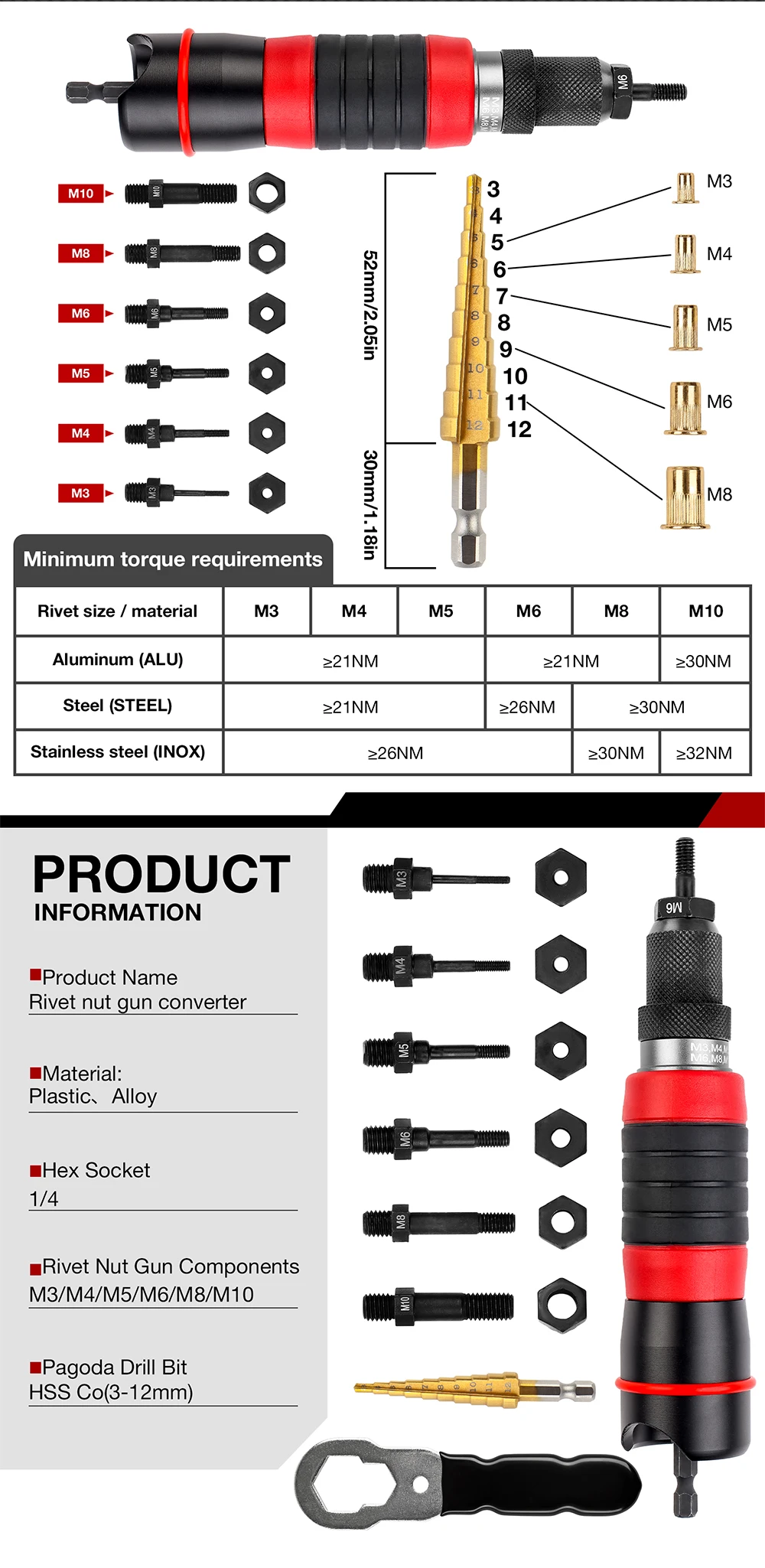 Nut Riveting Machine M3 M4 M5 M6 M8 M10, Industrial Grade Fast Riveting Tool, Electric Nut Gun, Including 3-12mm Drill Bit
