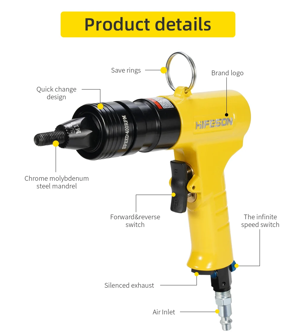 HIFESON Pneumatic Rivet Nut Gun Insert Threaded Pull Setter Riveters Riveting Nuts Rivnut Tool for M3 M4 M5 M6 M8 M10 M12