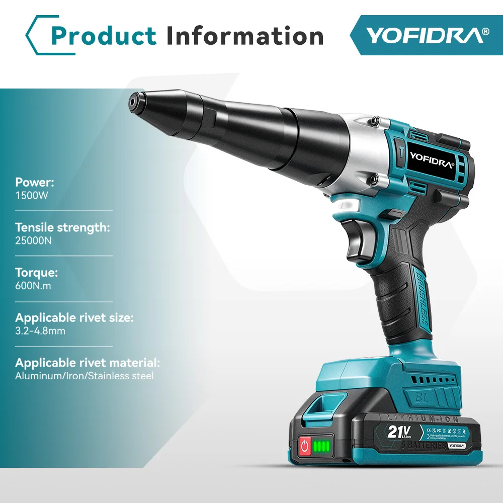 YOFIDRA 25000N Brushless Electric Rivet Gun Cordless Rivet Nut Gun Drill Insert Automatic Riveting Tool For Makita Battery Pin