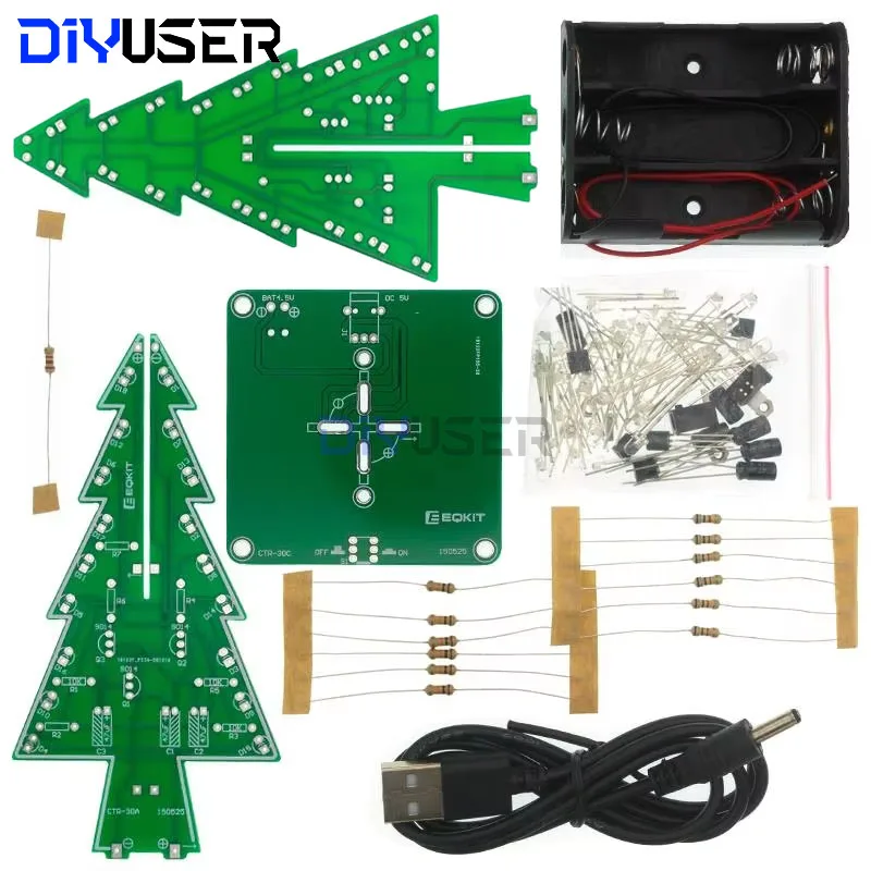 DIYUSER Three-Dimensional 3D Christmas Tree LED DIY Kit Red/Green/Yellow RGB LED Flash Circuit Kit Electronic Fun Suite