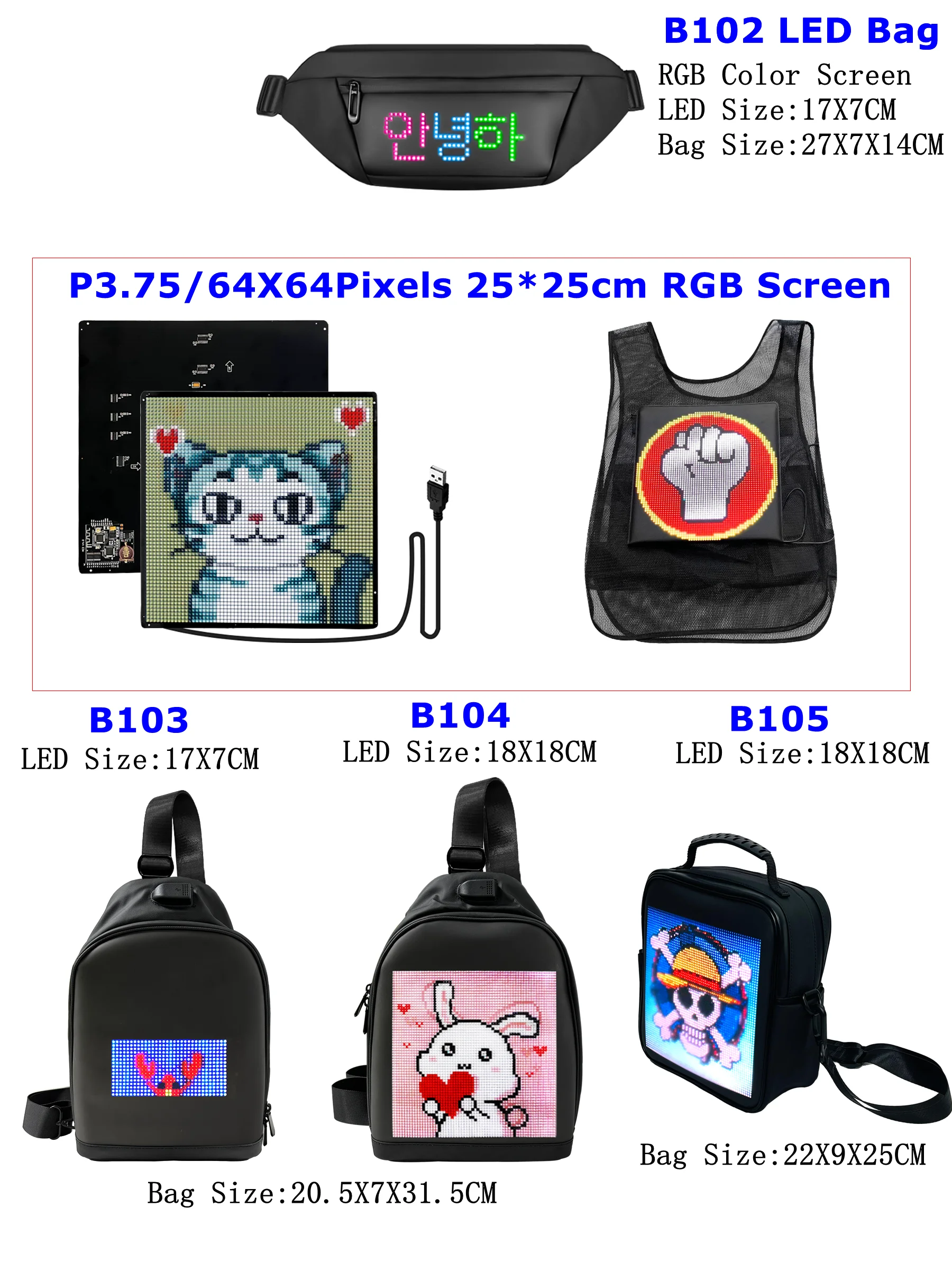 64x64 Pixels Indoor P3.75 Led Display Module Matrix HD Led Panel 25*25cm RGB LED Panel Screen for Vest Backpack Bags Animation