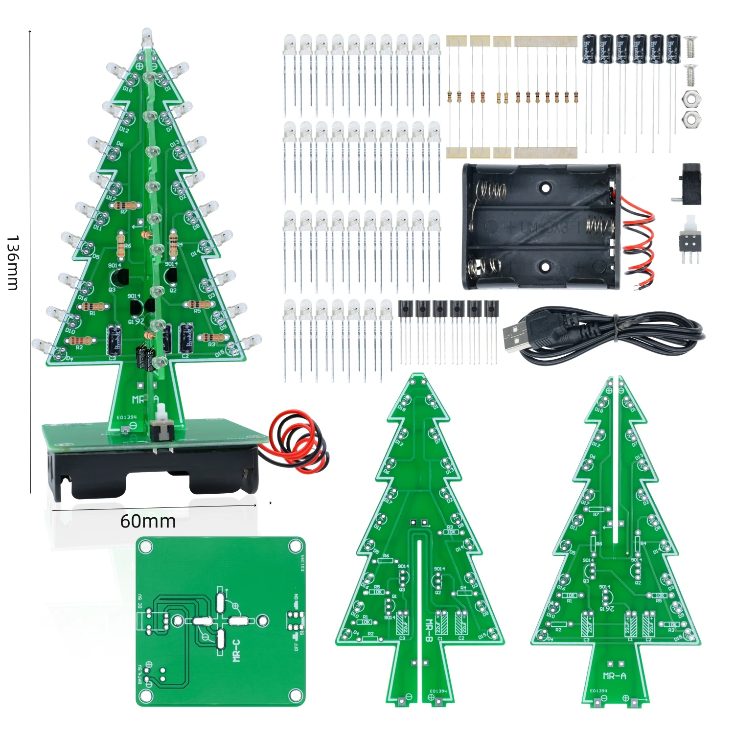 Christmas themed LED 3/7-color flashing Christmas tree DIY kit, electronic welding practice, and assembly of individual parts