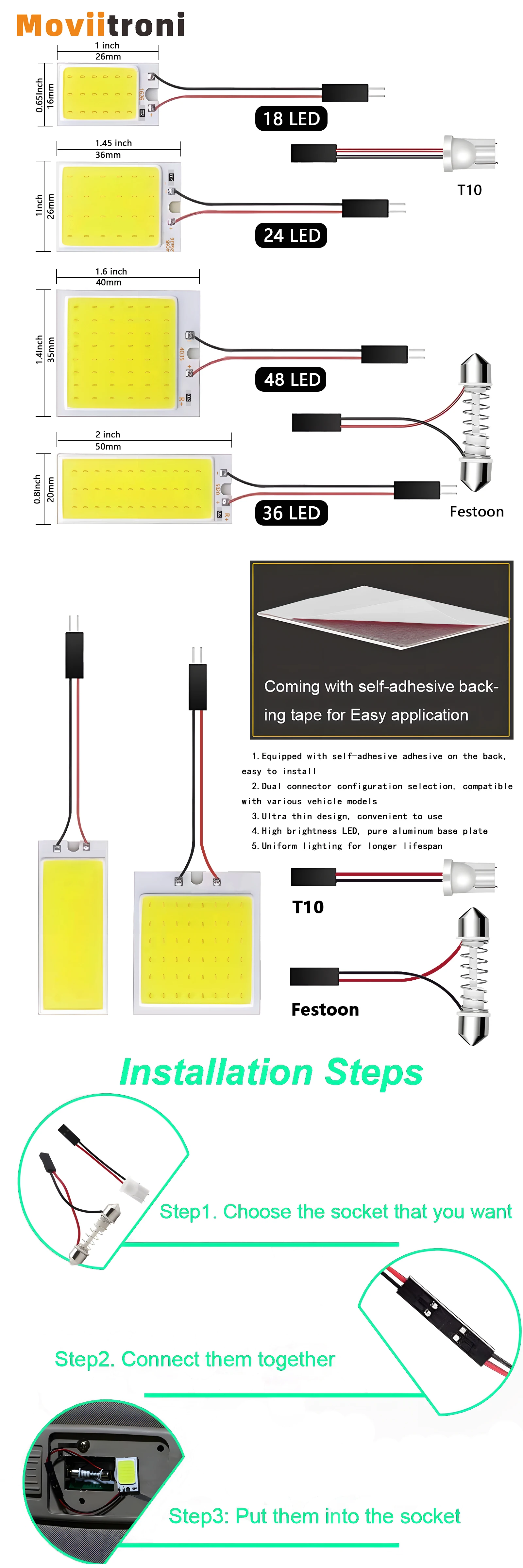 1set LED COB Signal Bulbs 18/24/36/48 LED DC12V Car Interior Reading Lights 12V 36SMD White Light Lamp With T10/Festoon Adapters