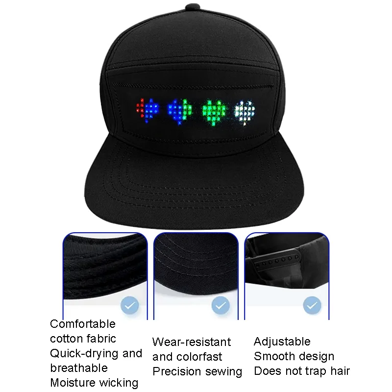 LED Hat Light Up Baseball Cap Flash Glow Hat USB Charging App Programmable LED Message Hats Scrolling LED Display Caps