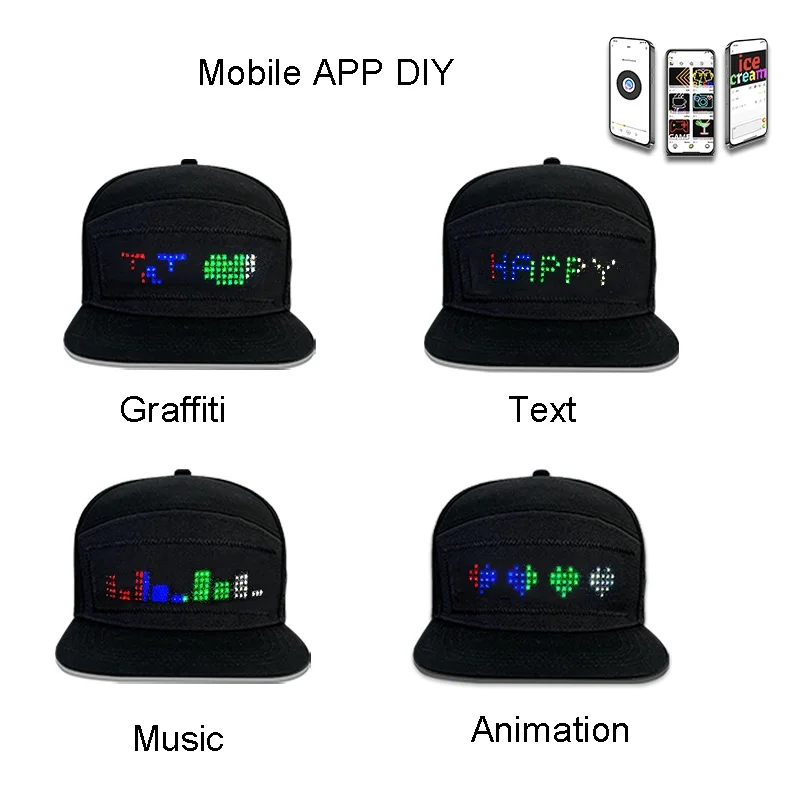 LED Hat Light Up Baseball Cap Flash Glow Hat USB Charging App Programmable LED Message Hats Scrolling LED Display Caps
