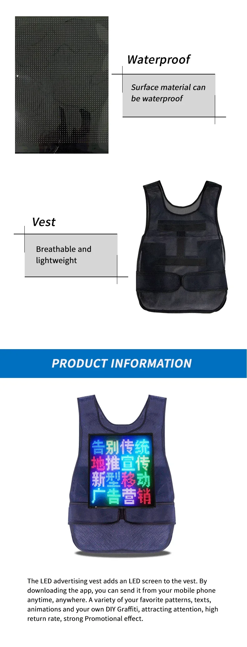 LED Screen Board Dynamic LED Display Panel Wireless APP Control Smart Advertising Vest With Screen LED Vest With Full Color