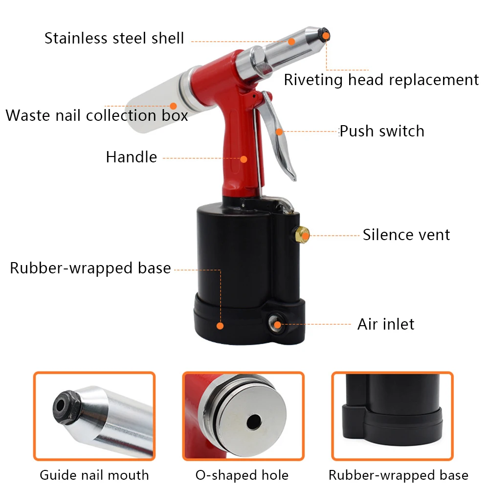 90-120psi Pneumatic Rivet Gun 1300kgf Air Riveter Riveting Tool Kit 3.2-6.4 Nails For Riveting Nuts Made of Aluminum Iron