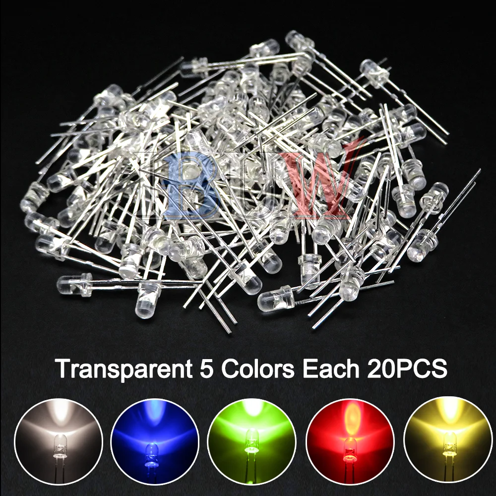 PULAR 100PCS 3mm LED Diode F3 Assorted Kit Yellow Orange White Green Red Blue Pink Purple Warm White DIY Light Emitting Diode