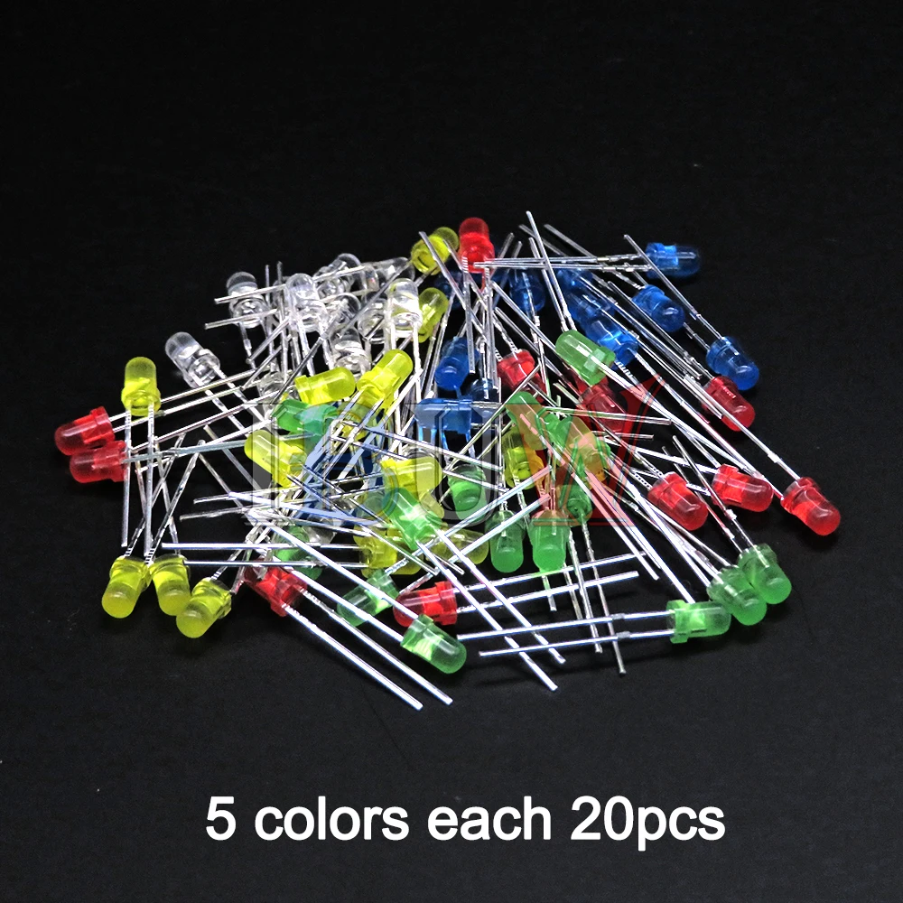 PULAR 100PCS 3mm LED Diode F3 Assorted Kit Yellow Orange White Green Red Blue Pink Purple Warm White DIY Light Emitting Diode