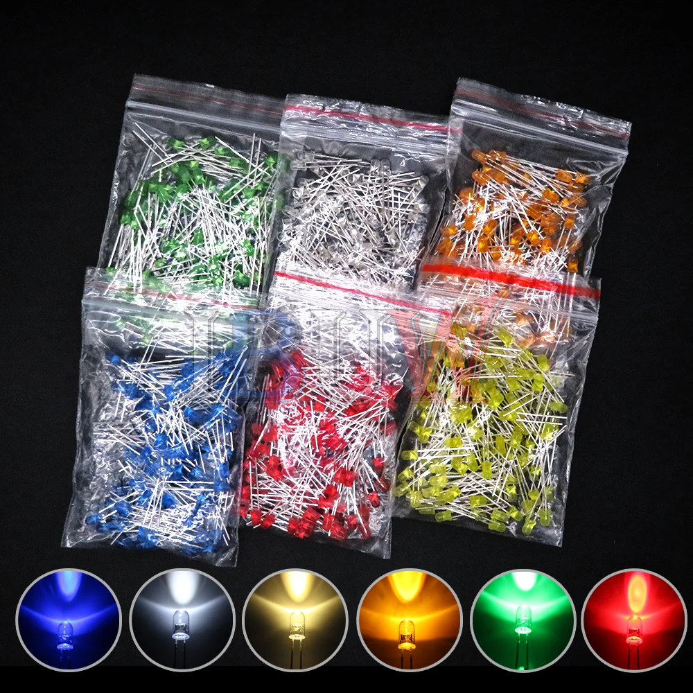 PULAR 100PCS 3mm LED Diode F3 Assorted Kit Yellow Orange White Green Red Blue Pink Purple Warm White DIY Light Emitting Diode