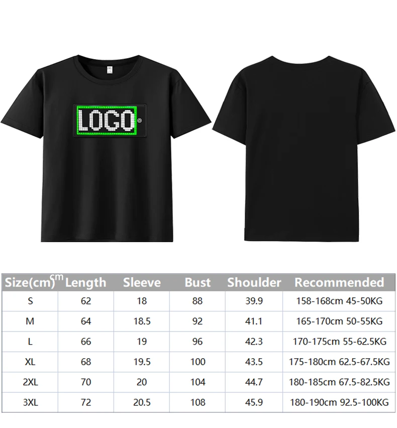 APP Control Bluetooth Programmable LED T Shirt with RGB Full Color Light Up LED Display Screen, Unisex Fashion LED T Shirt Panel