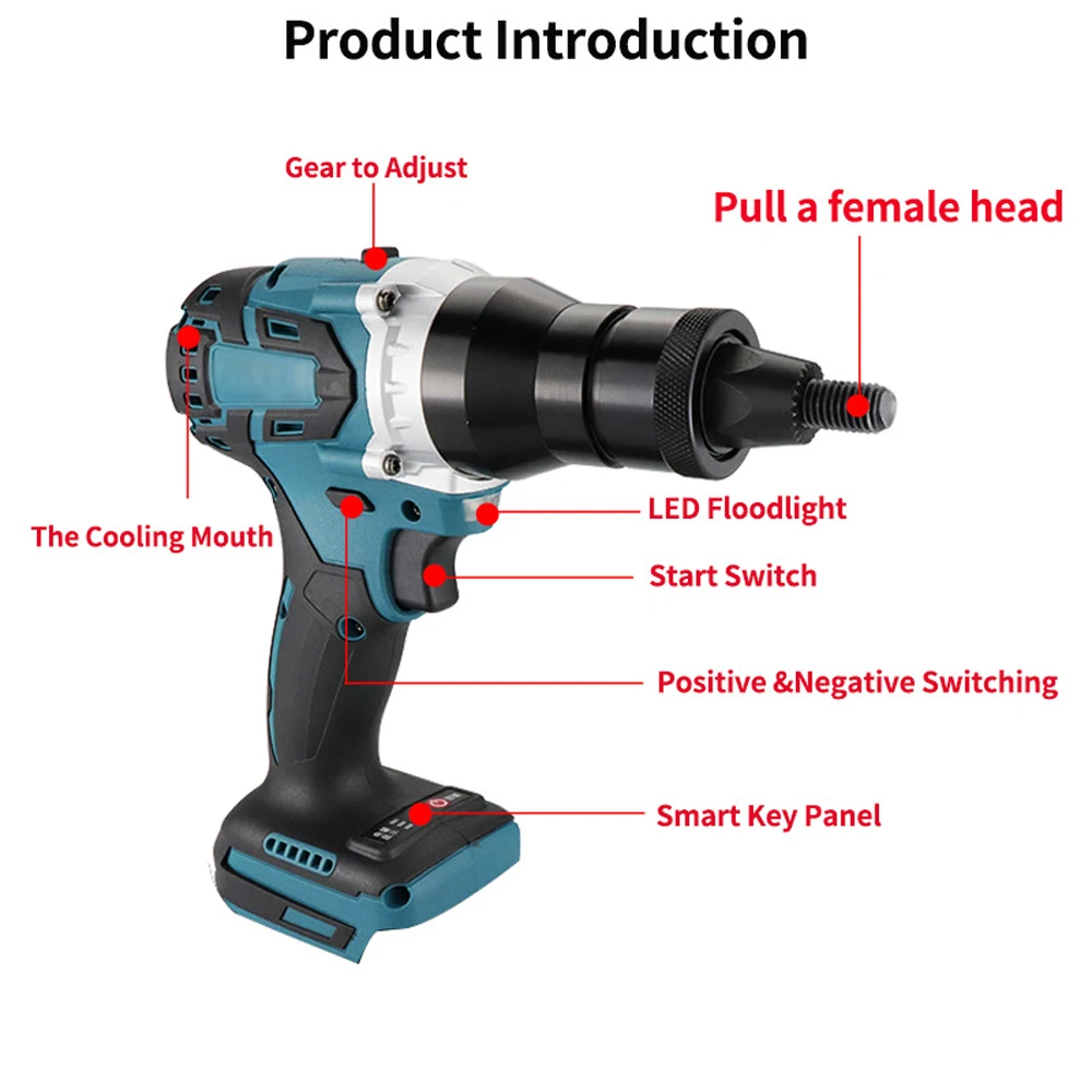 Electric Riveting Gun Brushless Rivet Nut Machine Kit with Riveter Heads Powerful Automatic Electric Riveter Set Riveting Tool