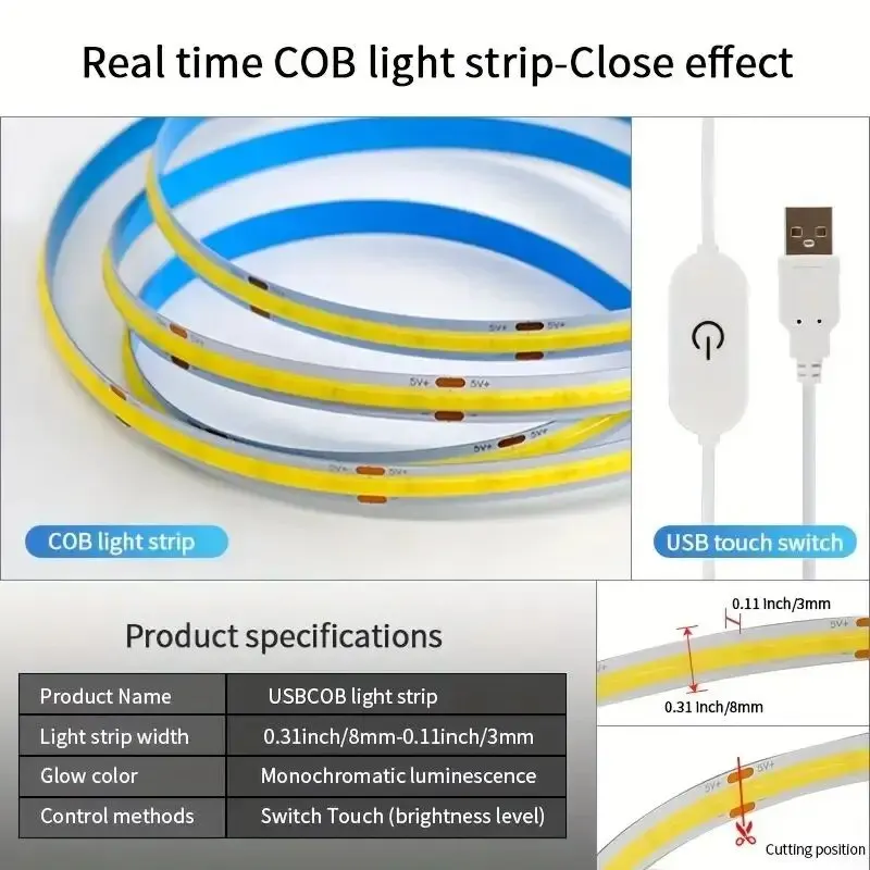 5V COB Strip Lights Touch Dimmer USB Flexible Diode Tape Ribbon For Kitchen Garage DIY TV Mirror PC Backlight Wall Decor Lights