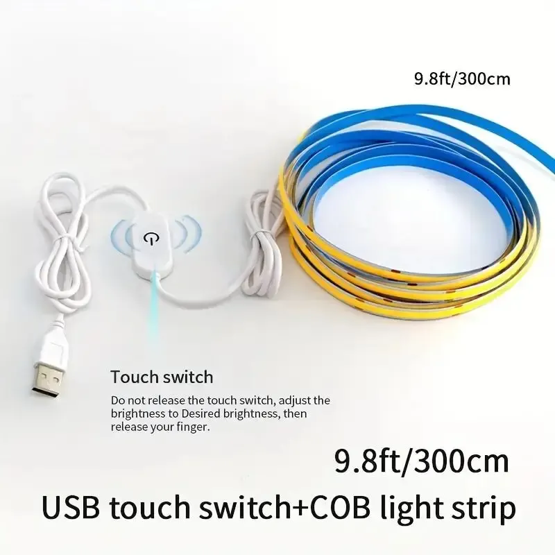 5V COB Strip Lights Touch Dimmer USB Flexible Diode Tape Ribbon For Kitchen Garage DIY TV Mirror PC Backlight Wall Decor Lights
