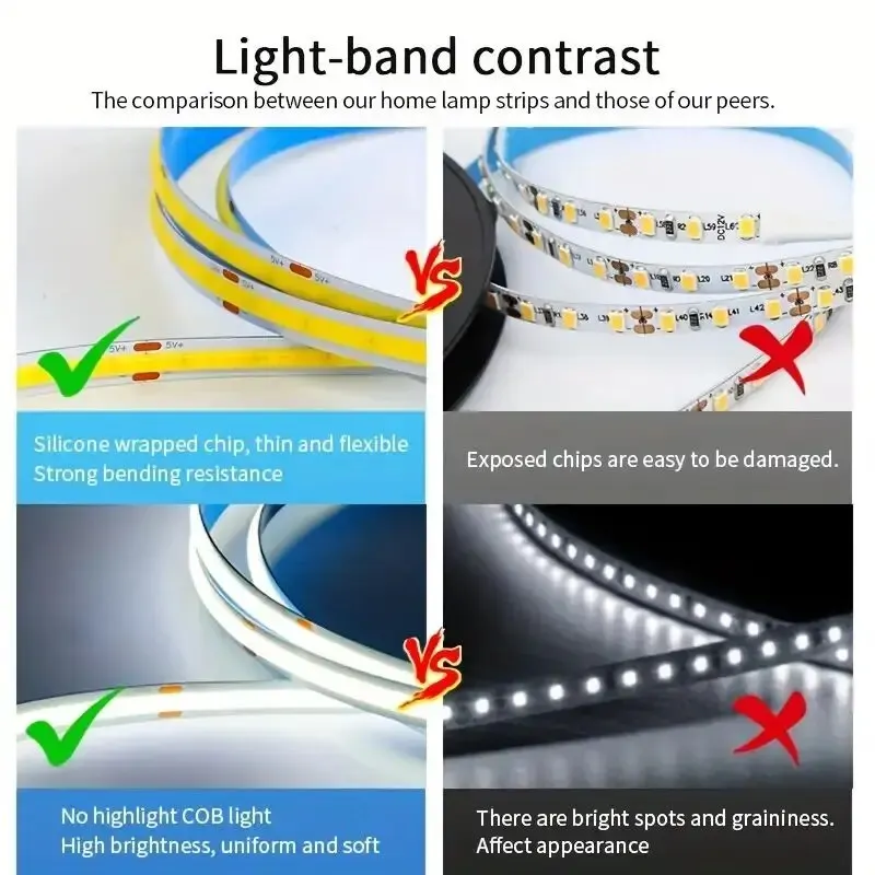 5V COB Strip Lights Touch Dimmer USB Flexible Diode Tape Ribbon For Kitchen Garage DIY TV Mirror PC Backlight Wall Decor Lights