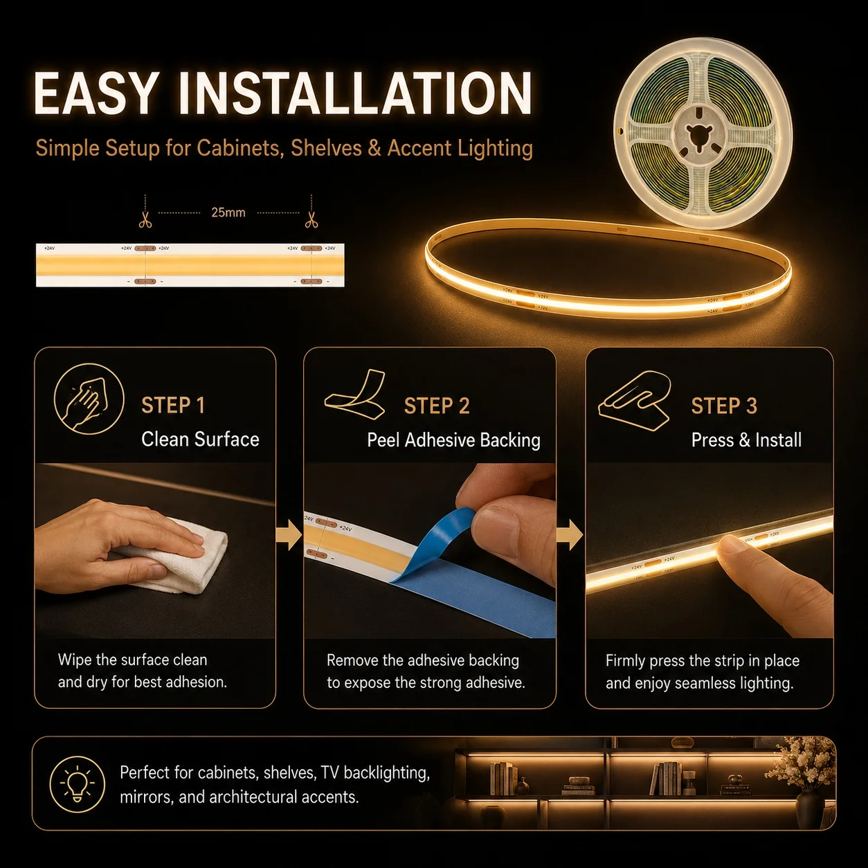 5V USB COB LED Strip Touch Dimmer High Density Dotless Flexible Linear Tape Self Adhesive Light For Mirror Cabinet DIY Decor