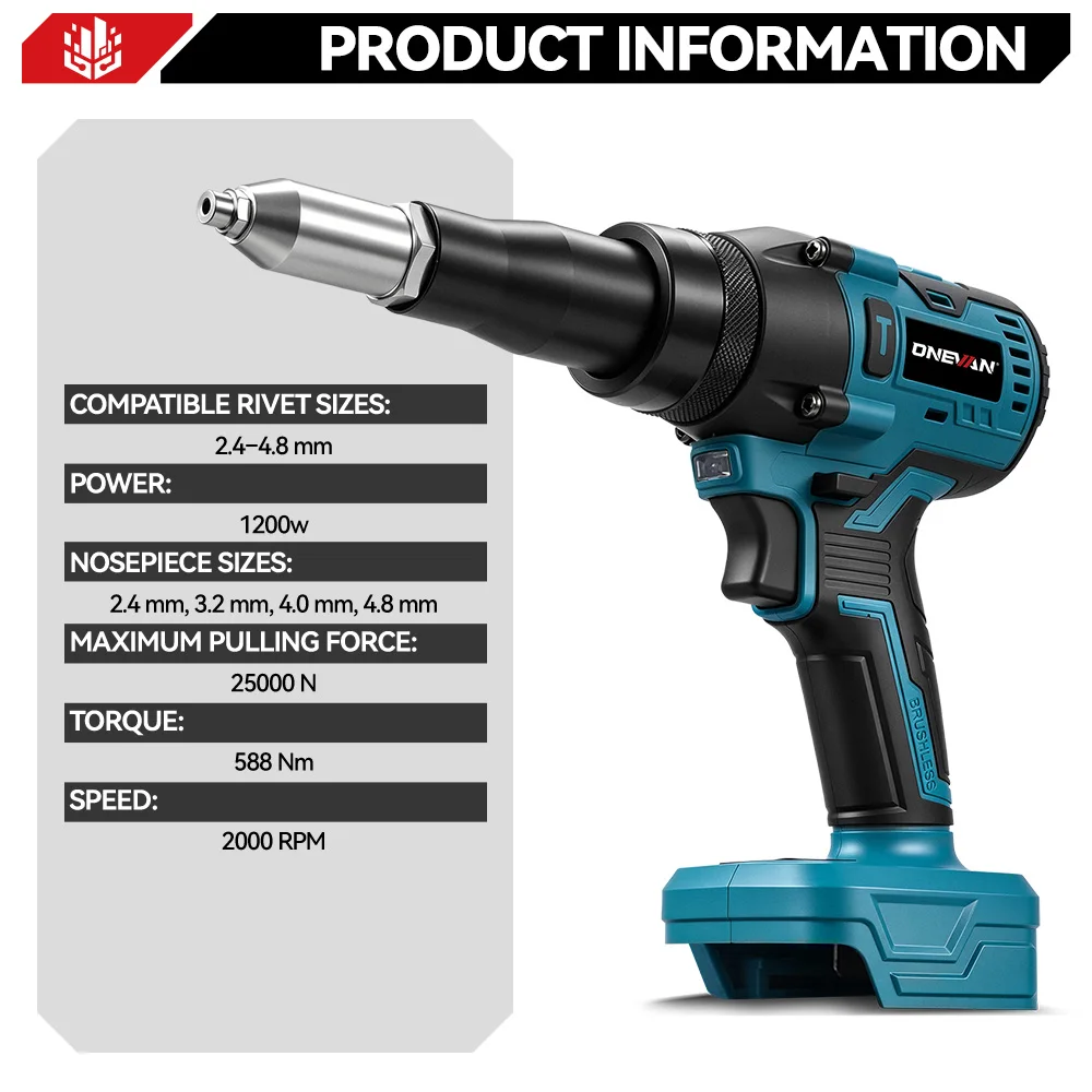 ONEVAN 1200W Brushless Electric Rivet Gun 25000N Cordless Fit 2.4-5.0mm Riveting Industry Renovation Tool For Makita Battery Pin