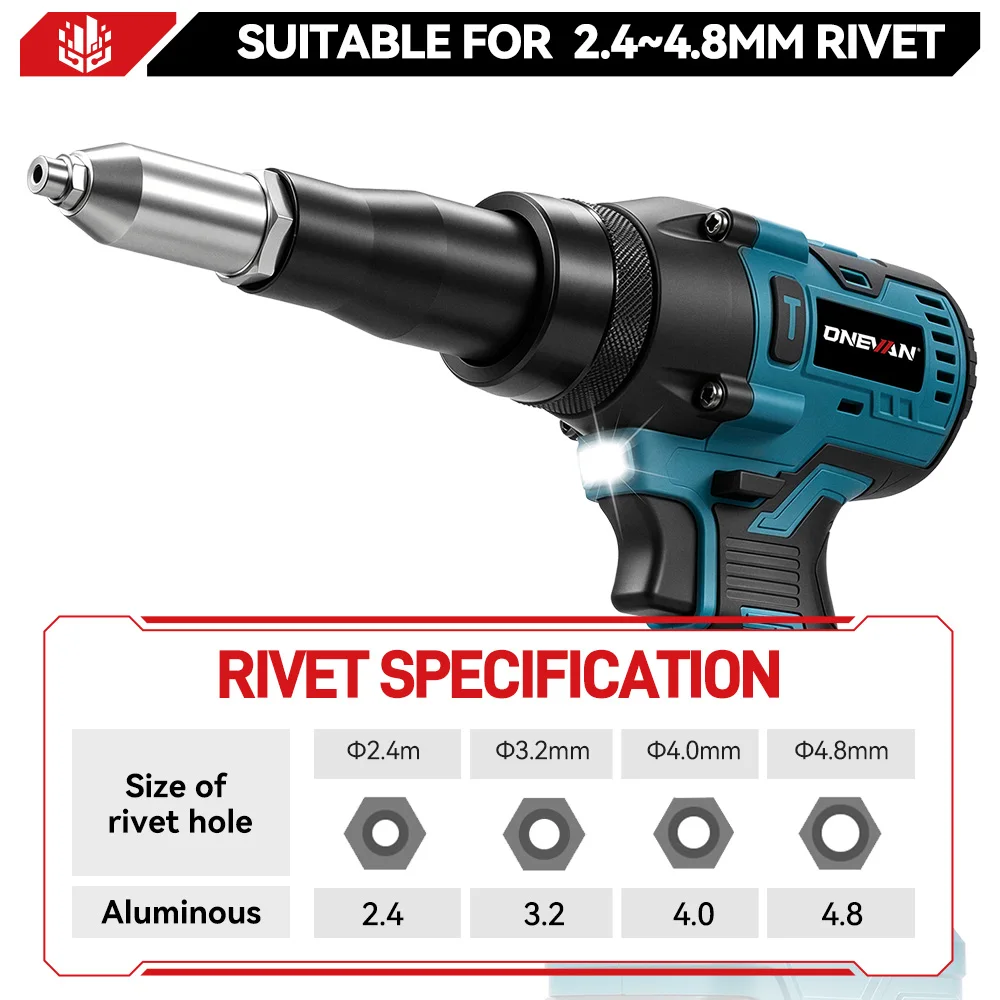 ONEVAN 1200W Brushless Electric Rivet Gun 25000N Cordless Fit 2.4-5.0mm Riveting Industry Renovation Tool For Makita Battery Pin