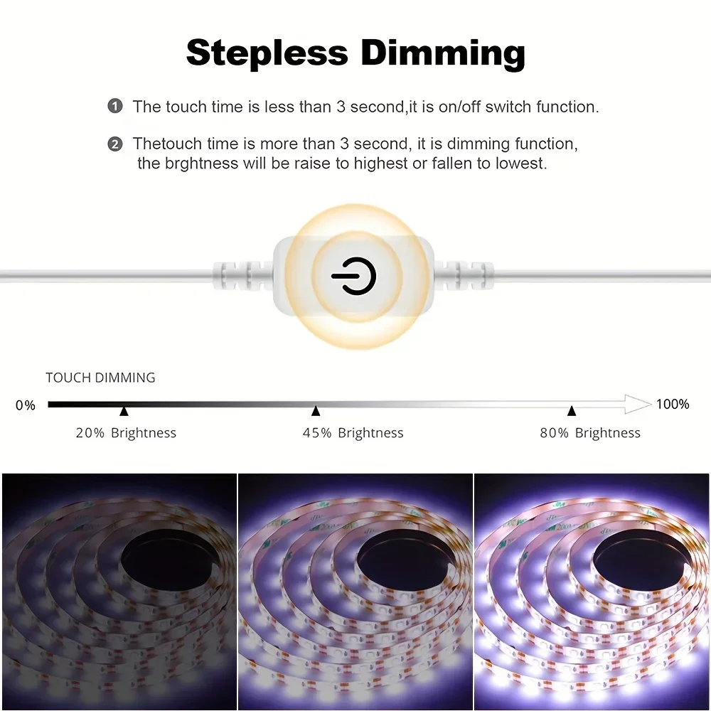 LED Light Strip 2835 Flexible Lighting USB Touch Switch Dimmable Flexible Warm/White Closet LED Strip For Mirror Stair Lighting