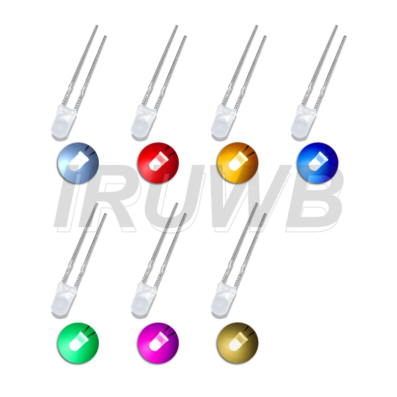 100PCS 3mm LED Diode F3 Assorted Kit DIY Light Emitting Diode White Green Red Blue Yellow Orange Pink Purple Warm White