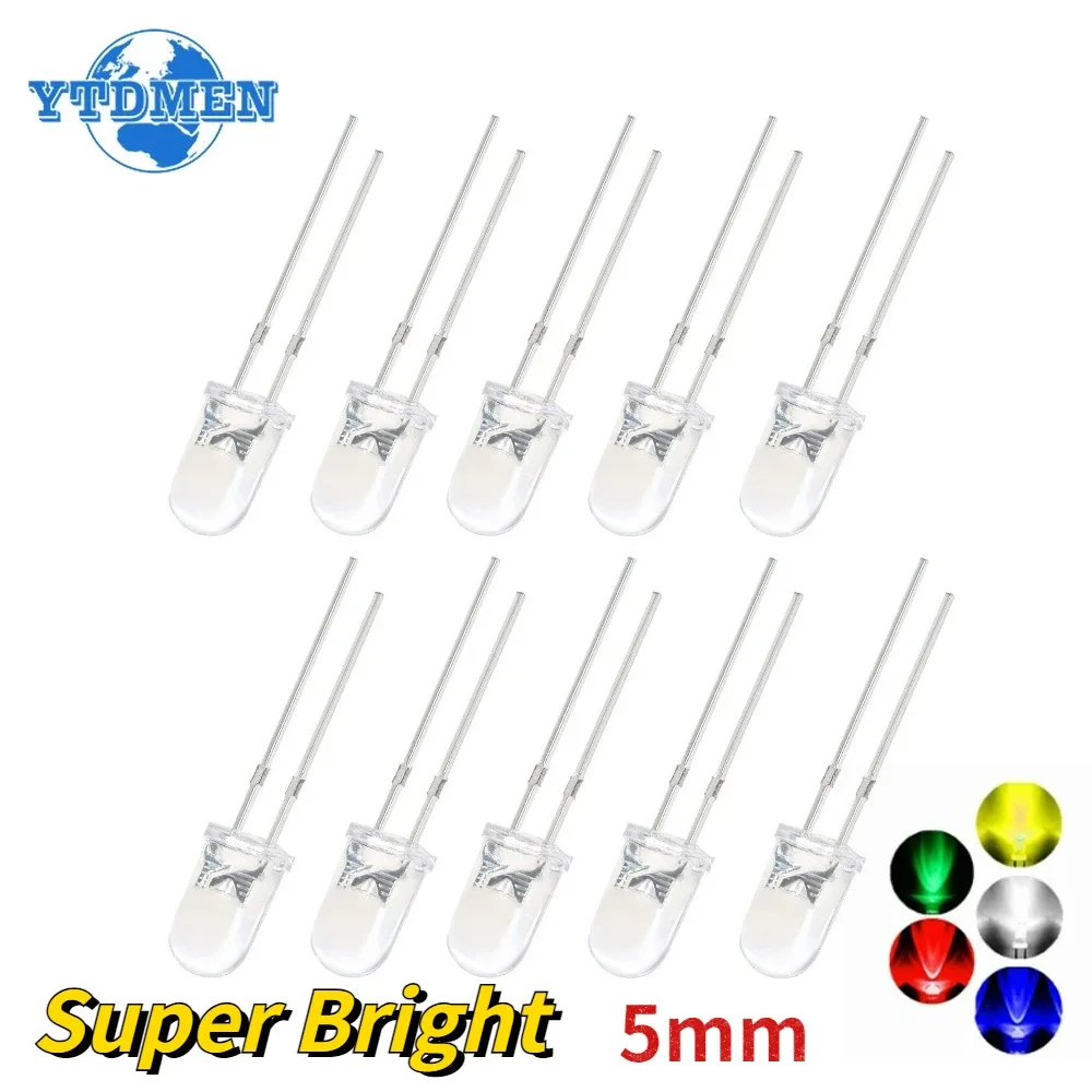 50/100pcs 5mm LED Ultra Bright Transparent White Green Red Blue Yellow Orange Light-Emitting Diode Round LED Assortment Kit