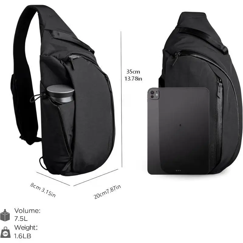 Right Shoulder Chest Bag 7.5L - Crossbody Bag, Sling Backpack - Fits 11' Tablet - Single Shoulder Water Bottle Pocket