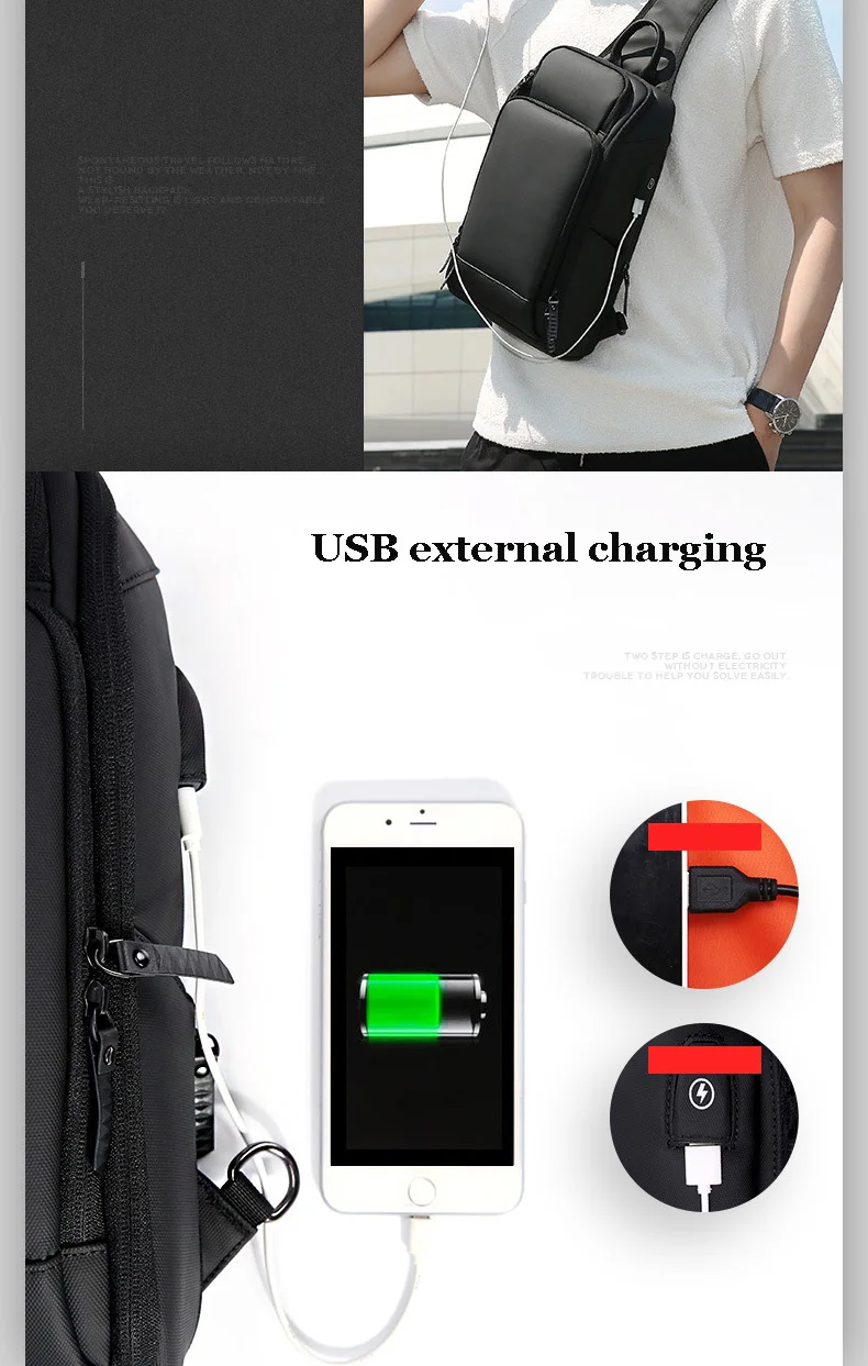 Crossbody Bag for USB Charging Men Shoulder Sports High-quality Messenger Male Waterproof Short Trip Chest Bag Pack Backpacks