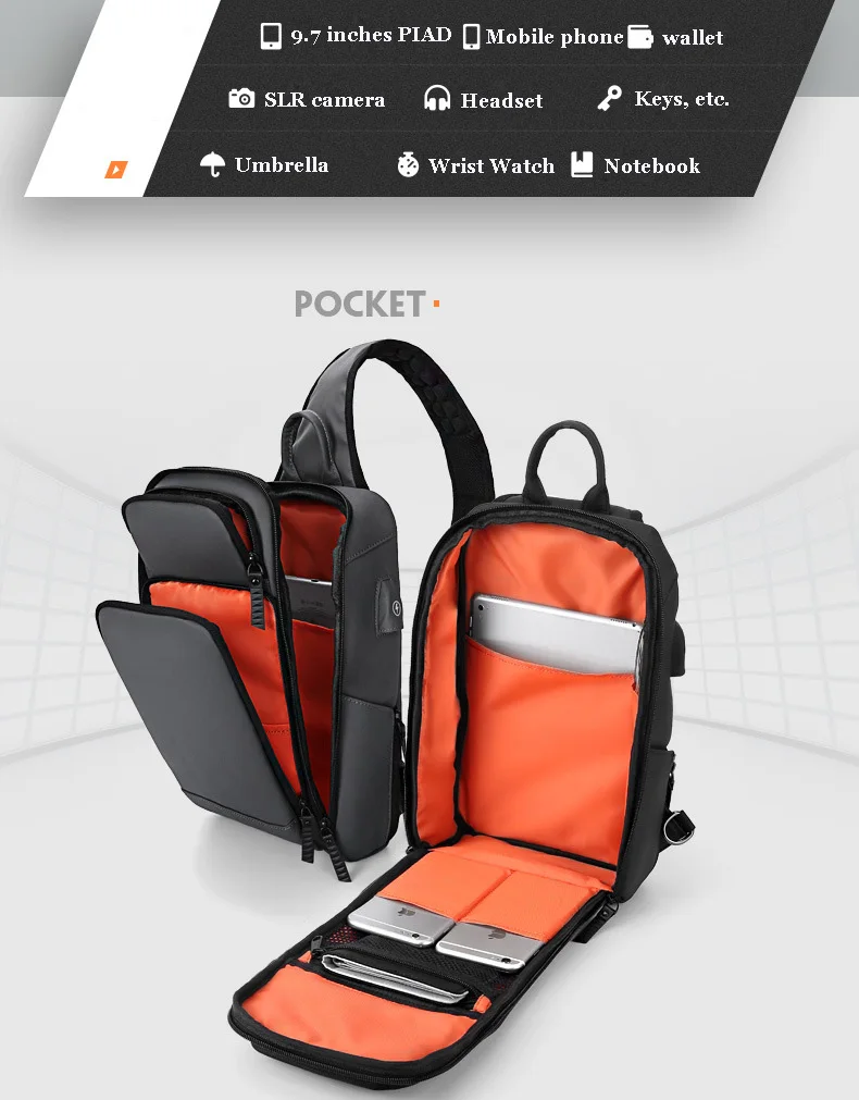Crossbody Bag for USB Charging Men Shoulder Sports High-quality Messenger Male Waterproof Short Trip Chest Bag Pack Backpacks