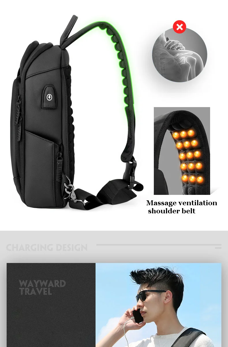 Crossbody Bag for USB Charging Men Shoulder Sports High-quality Messenger Male Waterproof Short Trip Chest Bag Pack Backpacks