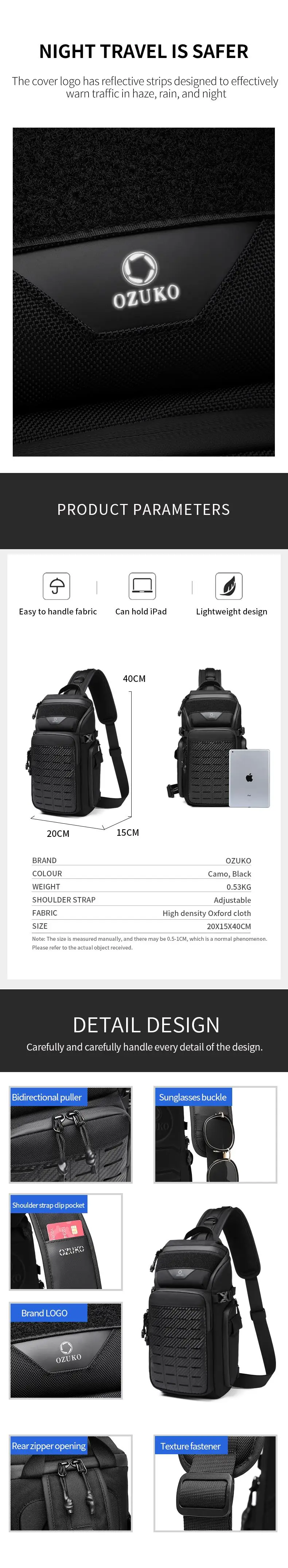 OZUKO Flex Bag Men Outdoor Sports Tactical Crossbody Sling Bags Male Waterproof Travel Multifunctional Shoulder Messenger Bag