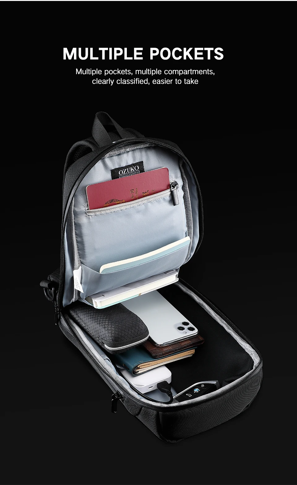 OZUKO Fashion Men Chest Bag Anti Theft Male Sling Messenger Bags Waterproof Male Outdoor Chest Pack Man USB Charge Crossbody Bag