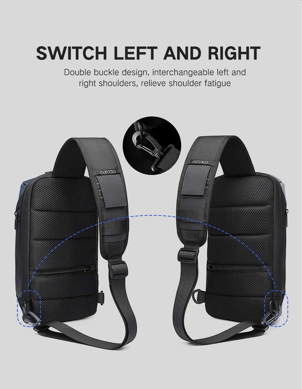OZUKO Fashion Men Chest Bag Anti Theft Male Sling Messenger Bags Waterproof Male Outdoor Chest Pack Man USB Charge Crossbody Bag