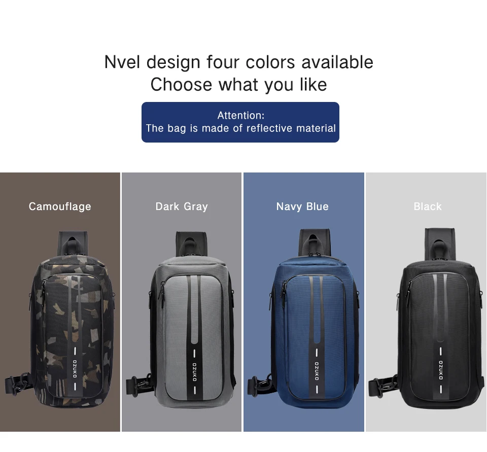 OZUKO Fashion Men Chest Bag Anti Theft Male Sling Messenger Bags Waterproof Male Outdoor Chest Pack Man USB Charge Crossbody Bag