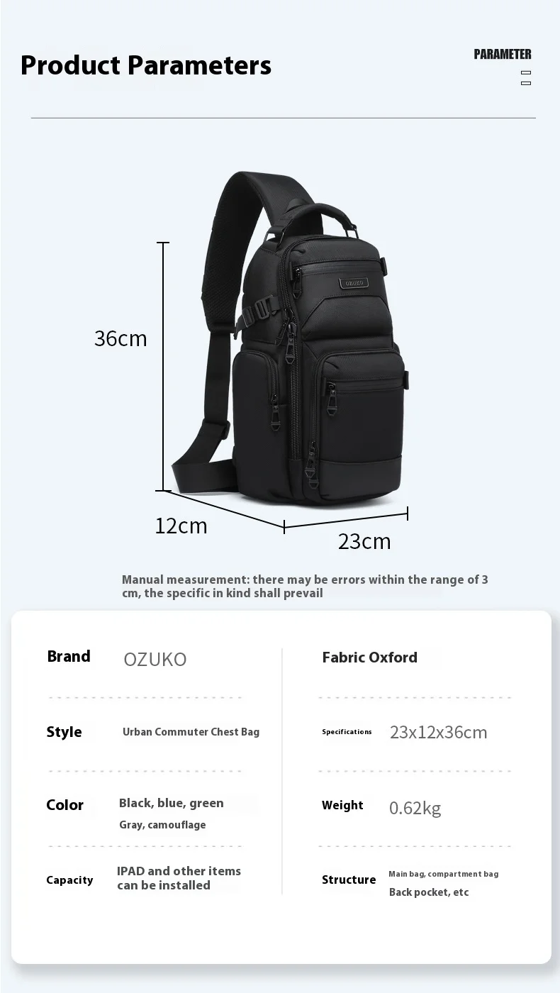 OZUKO Chest Bag, Stylish Multi-functional Crossbody Bag, Lightweight Waterproof Travel Crossbody Bag for Men