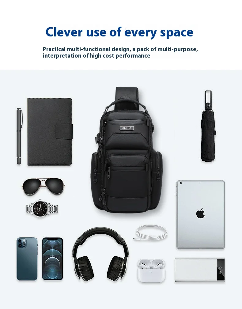 OZUKO Chest Bag, Stylish Multi-functional Crossbody Bag, Lightweight Waterproof Travel Crossbody Bag for Men