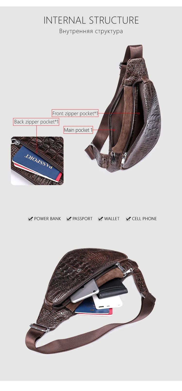 WESTAL Croco Designer Men's Sling Bags for Men Genuine Leather Shoulder Bags Fashion Outdoor Travel Crossbody Chest Bag/Pack 698