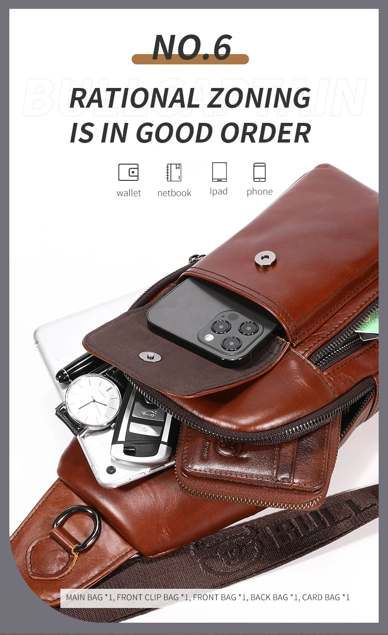 Bullcaptain Men's Multifunction Anti-theft Man Crossbody Cross Body Travel Sling Chest Bags Pack Messenger Pack for Male