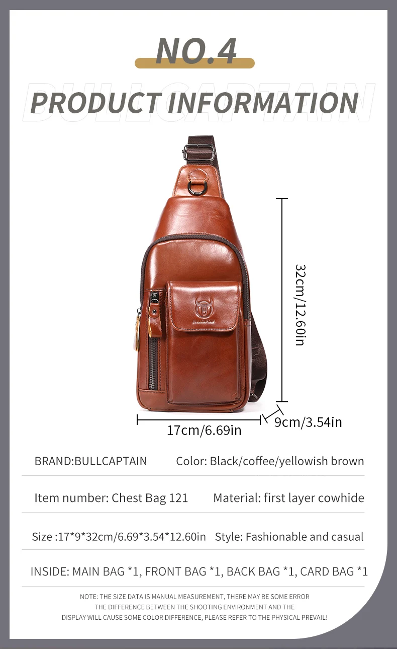 Bullcaptain Men's Multifunction Anti-theft Man Crossbody Cross Body Travel Sling Chest Bags Pack Messenger Pack for Male