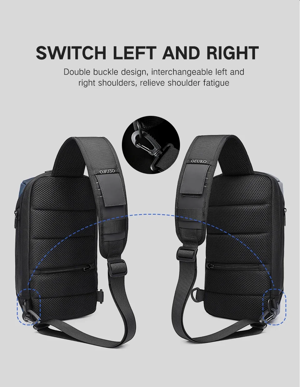 OZUKO Sling Bag Crossbody Bag Chest Bag Anti Theft Male Sling Messenger Bags Waterproof Male Outdoor Chest Pack Man USB Charge