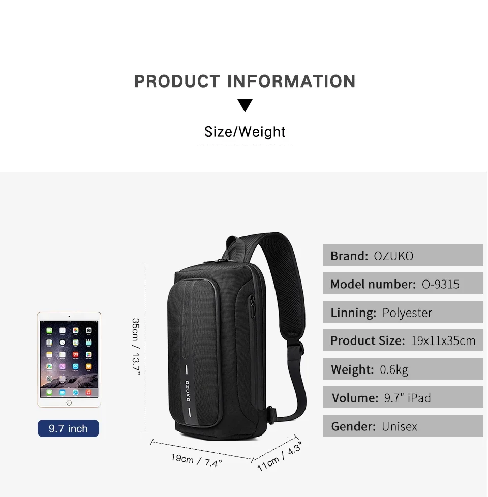 OZUKO Sling Bag Crossbody Bag Chest Bag Anti Theft Male Sling Messenger Bags Waterproof Male Outdoor Chest Pack Man USB Charge