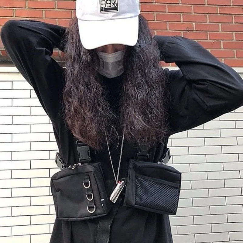 Hip Hop Chest Bag Tactical Streetwear Waist Pack Unisex Outdoor Functional Vest Bag Two Pockets Harness Chest Rig Bag Disco Pack