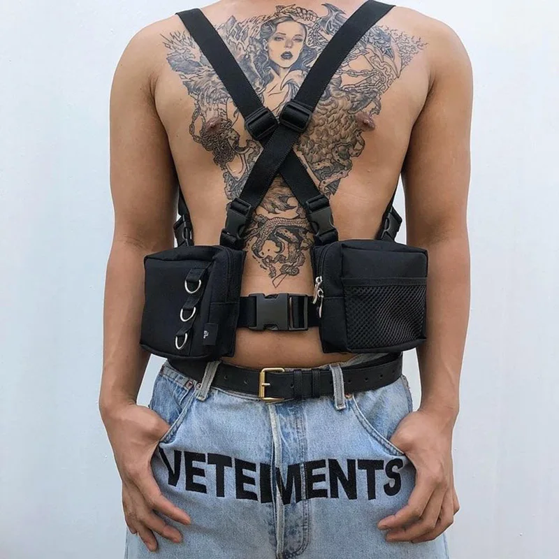 Hip Hop Chest Bag Tactical Streetwear Waist Pack Unisex Outdoor Functional Vest Bag Two Pockets Harness Chest Rig Bag Disco Pack