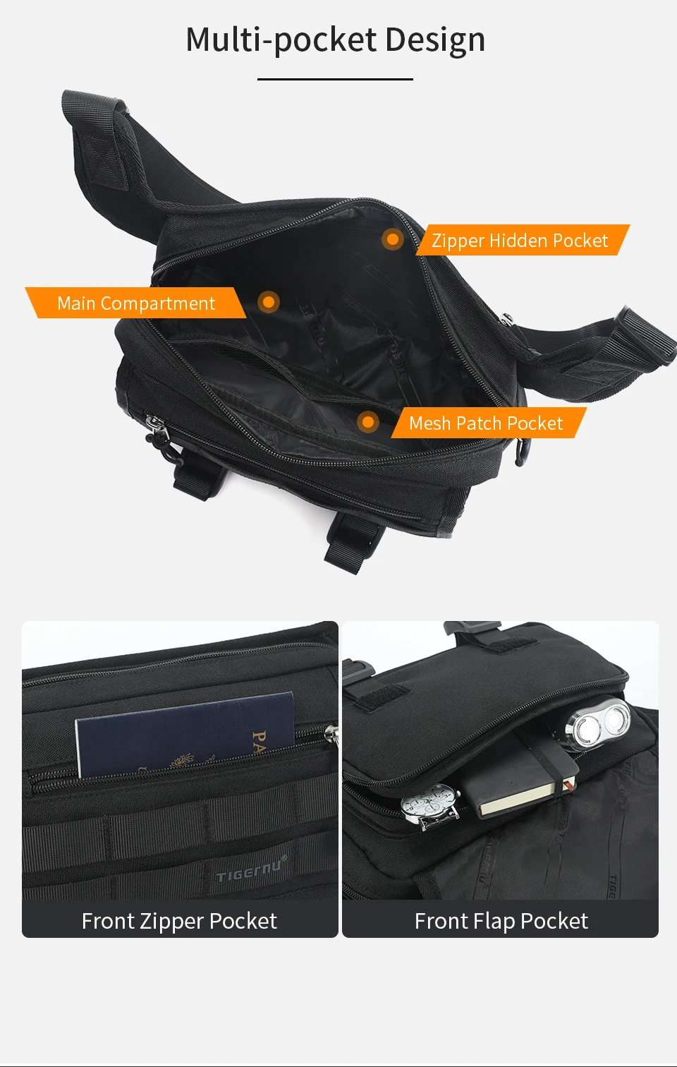 Tigernu Men's Crossbody Bag Large Capacity Waist Bag Male Sling Bag Hunting Outdoor Chest Bag Hiking Messenger Bag