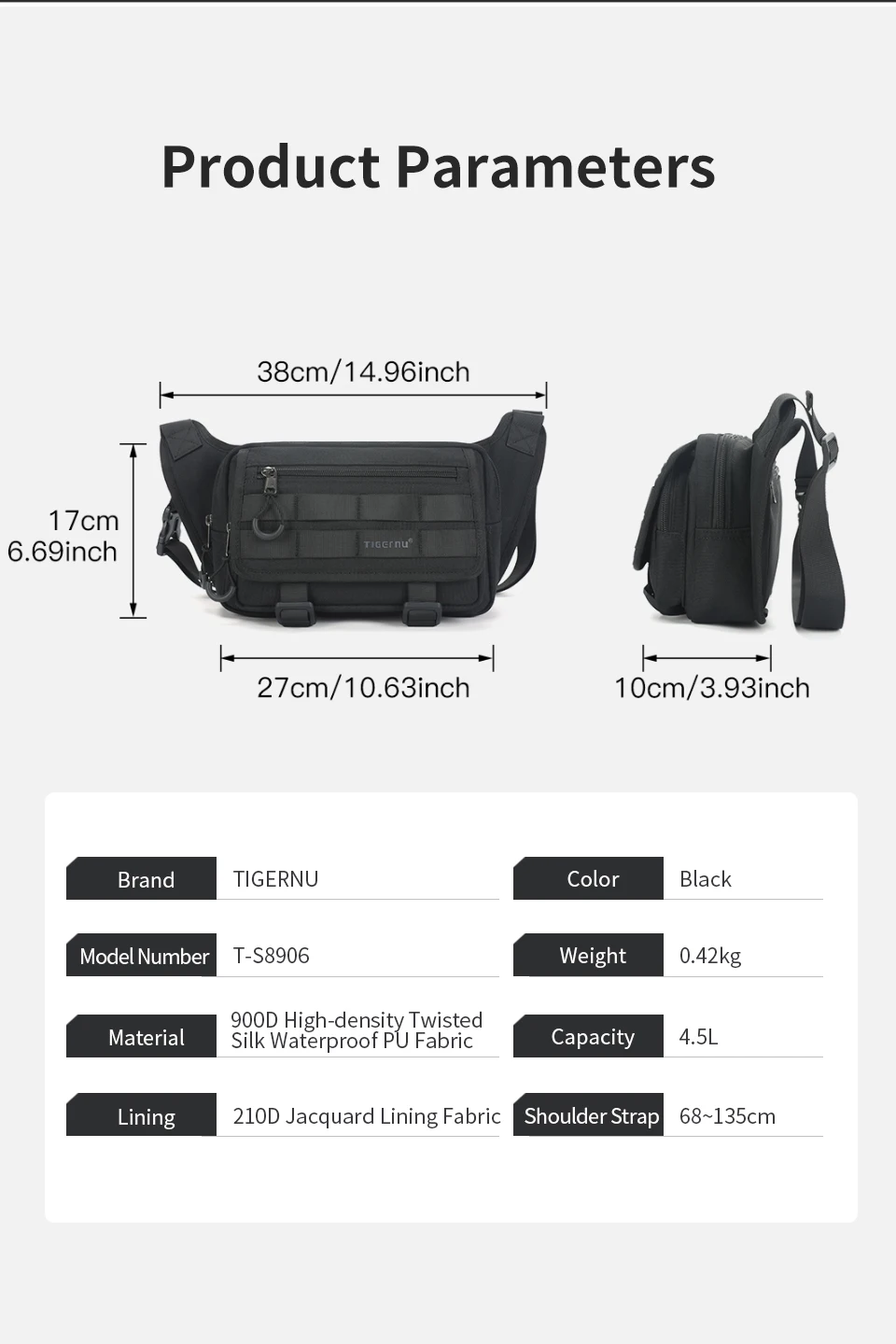 Tigernu Men's Crossbody Bag Large Capacity Waist Bag Male Sling Bag Hunting Outdoor Chest Bag Hiking Messenger Bag